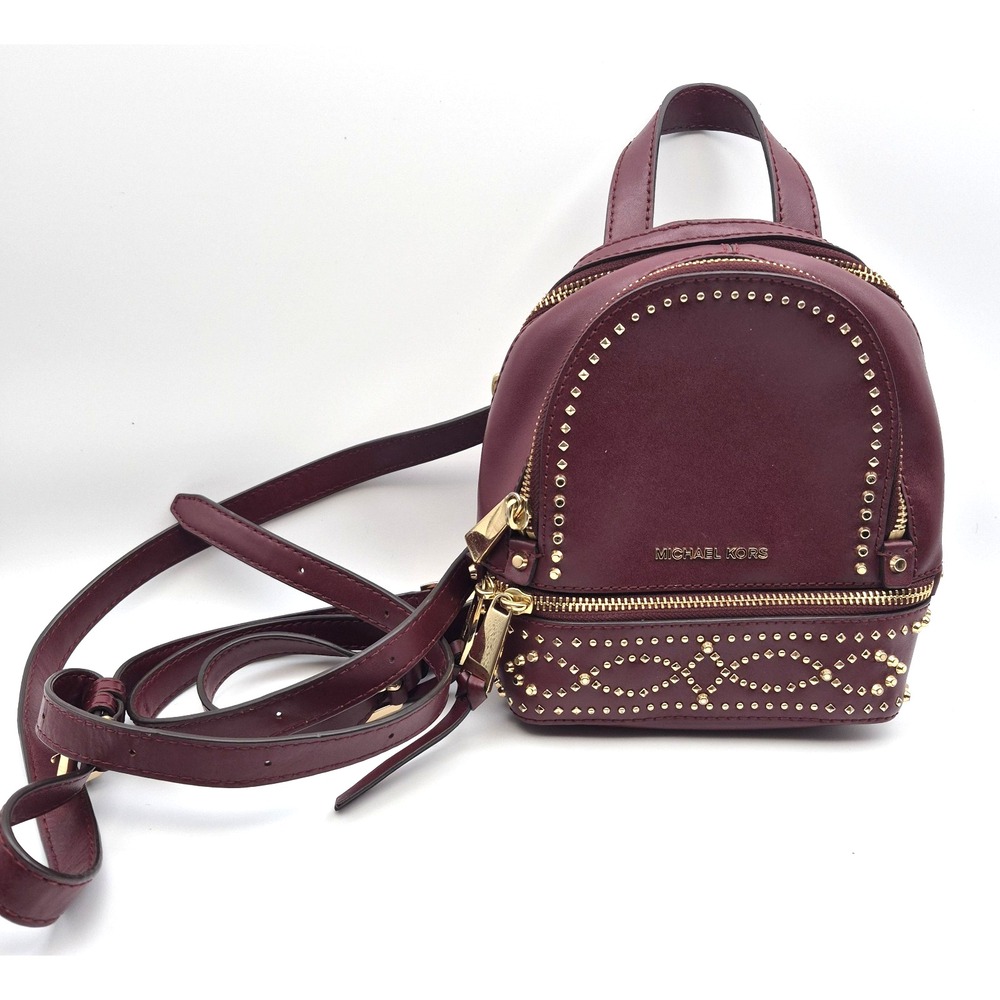 Michael Kors Rhea Mini Backpack Burgundy/Red With Gold Studded Accents